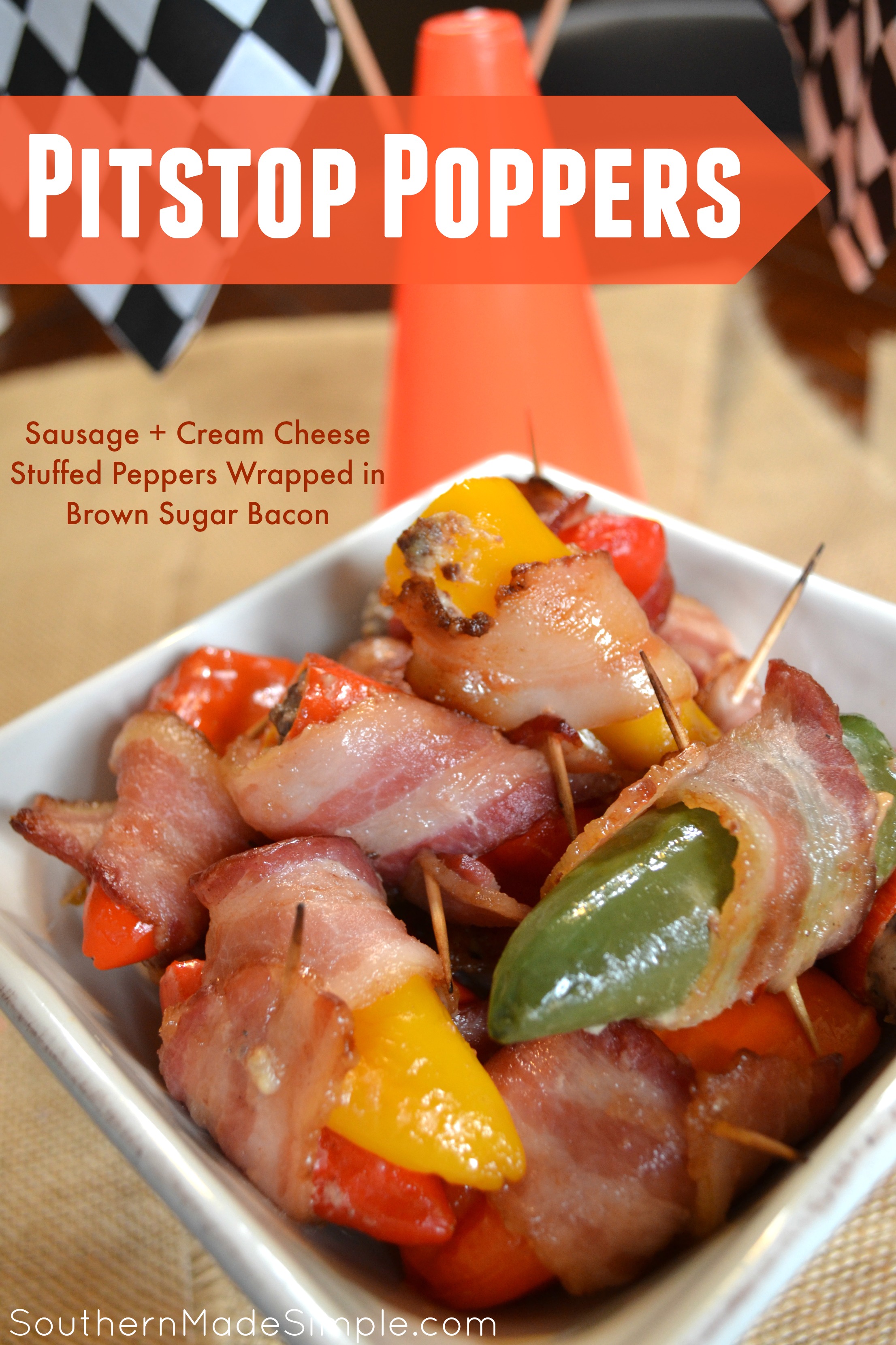 {PIitstop Pepper Poppers} Rev up your engines with Nexium and kick up the heat on race day with these delicious Pitstop Poppers! These jalapenos and sweet peppers are stuffed with a sausage and cream cheese mixture and beautifully wrapped in bacon coated with brown sugar. Mmmm! #RaceDayRelief #AD