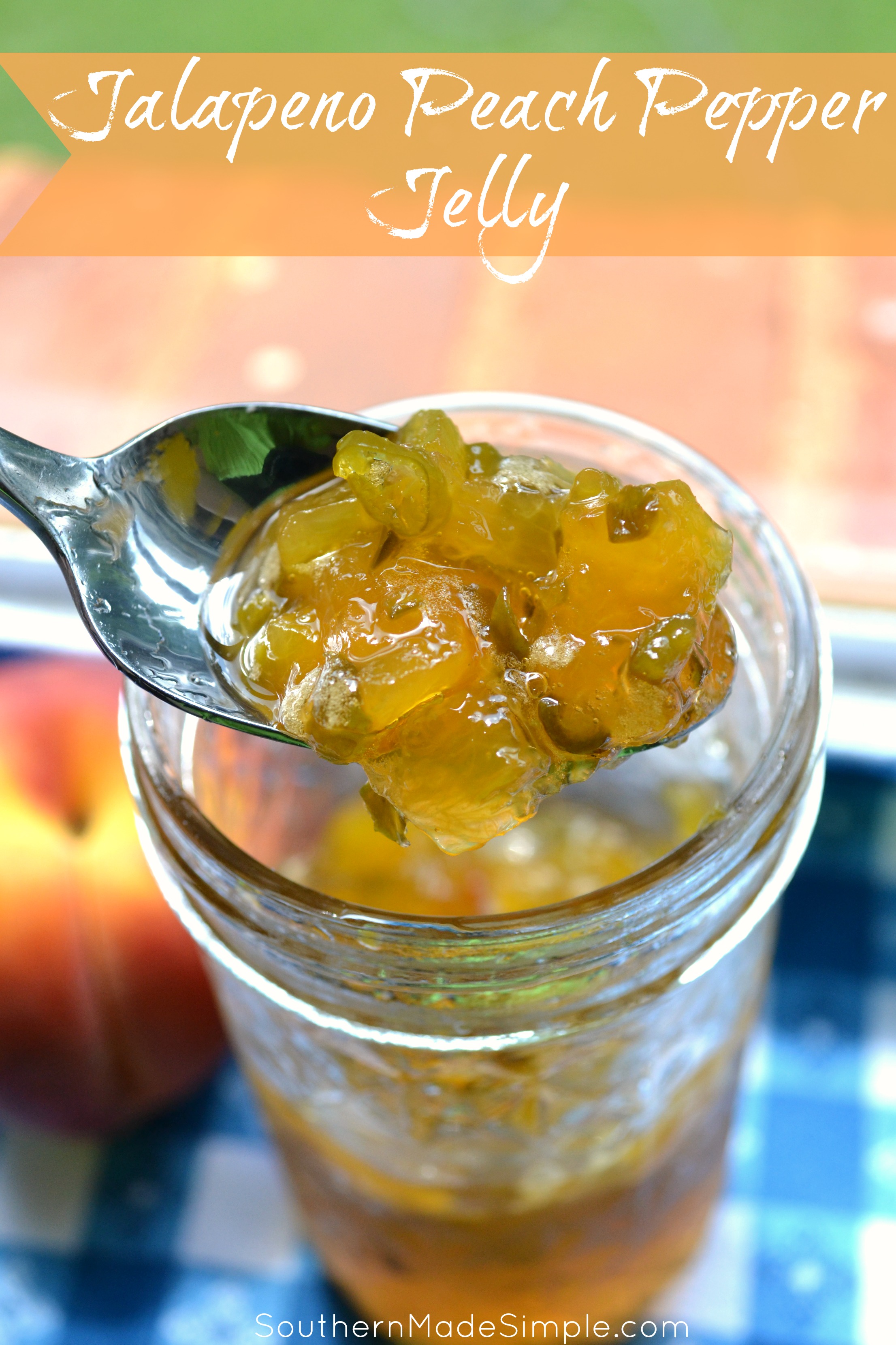 Jalapeno Peach Pepper Jelly - This recipe uses 3 different type of peppers, but you can easily substitute them to whatever you like. It has the perfect amount of heat and is AMAZING on just about anything!