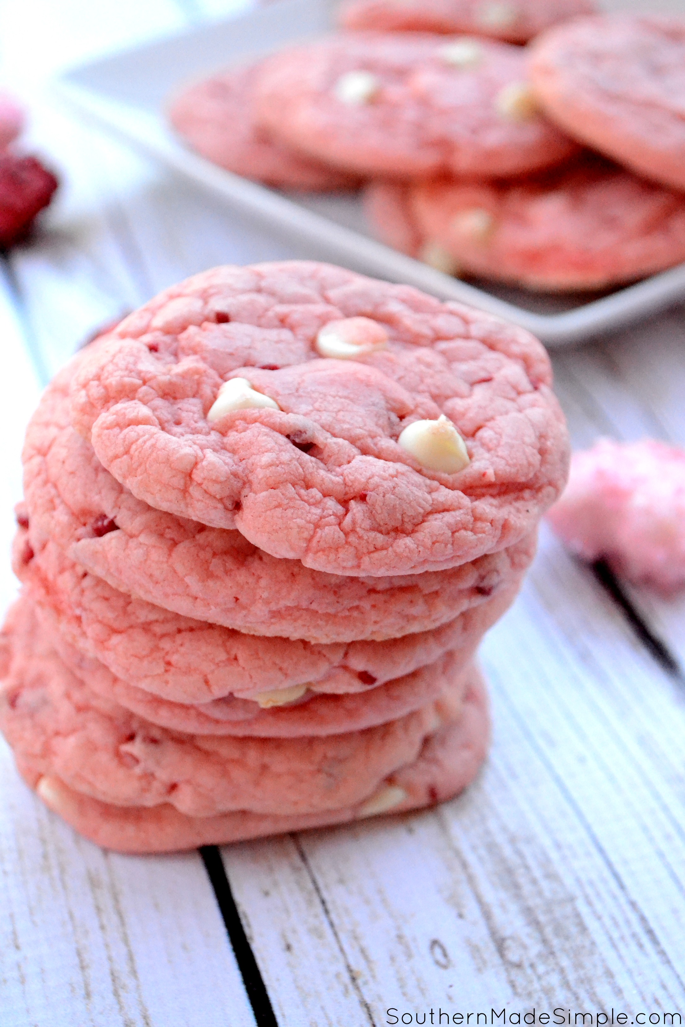 Strawberry Milkshake Cookies - These easy strawberry and white chocolate chip cookies taste just like a smooth strawberry shake, and are perfect for Valentine's Day!