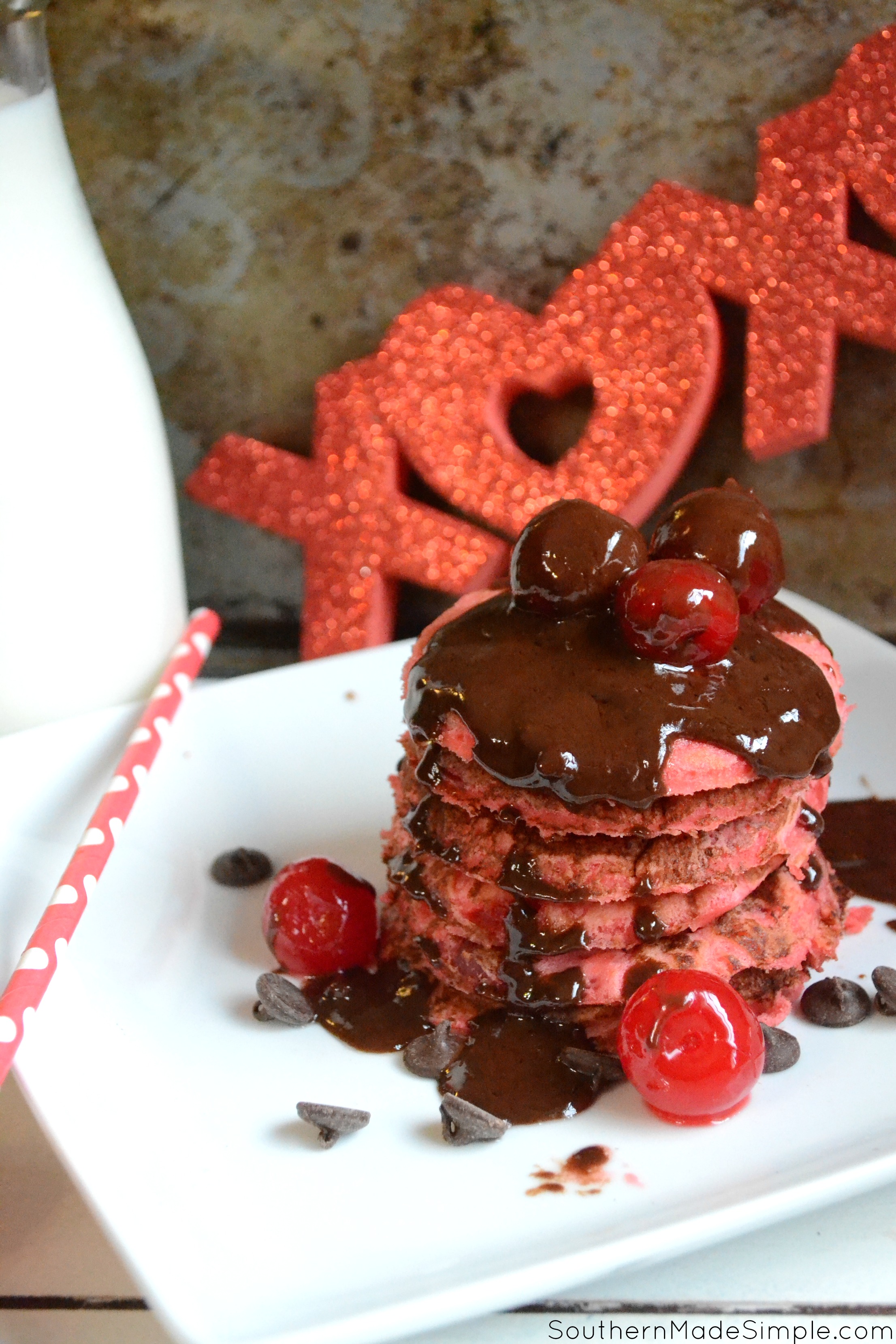Chocolate Covered Cherry Pancakes - a stack of sweet cherry pancakes topped with a super simple chocolate ganache - a perfect Valentine's Day treat!