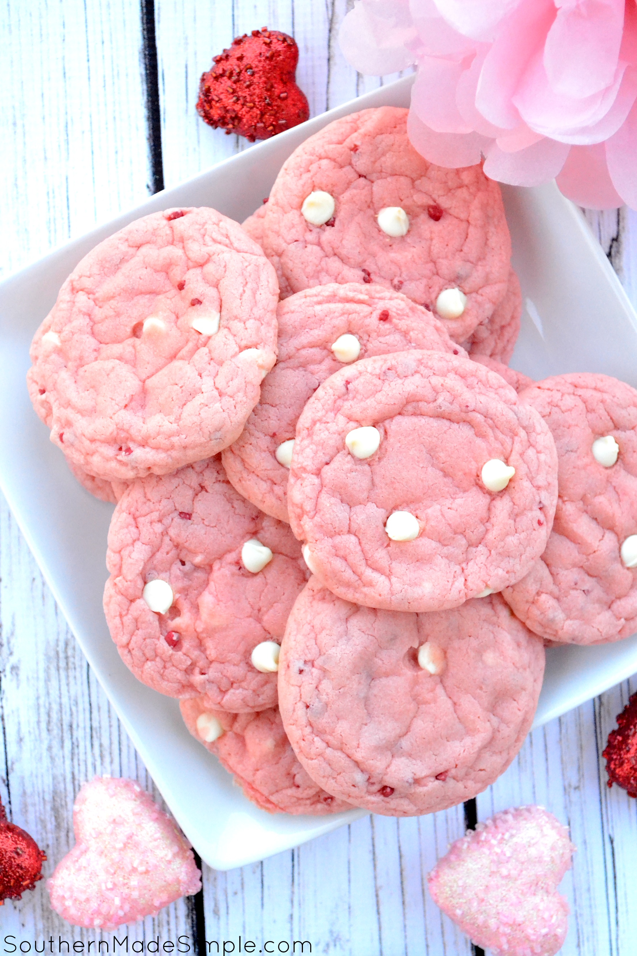 Strawberry Milkshake Cookies - These easy strawberry and white chocolate chip cookies taste just like a smooth strawberry shake, and are perfect for Valentine's Day!
