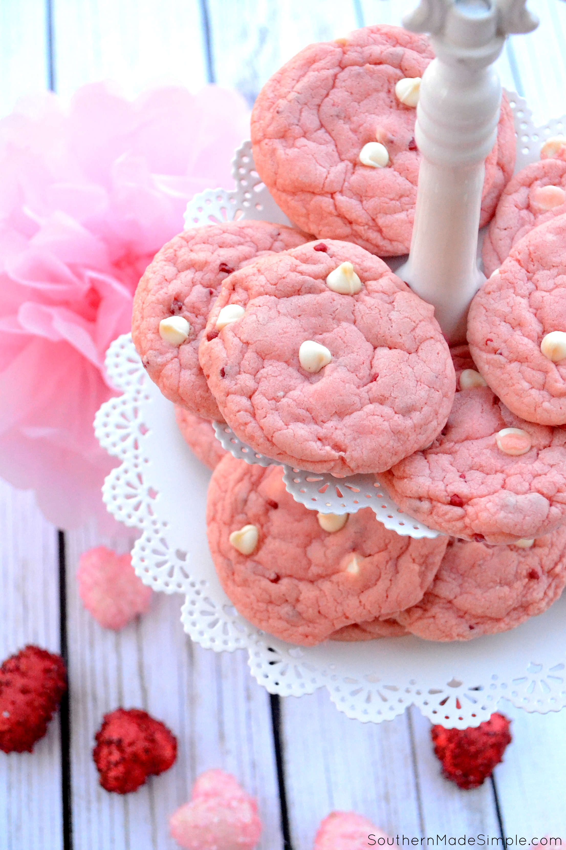Strawberry Milkshake Cookies - These easy strawberry and white chocolate chip cookies taste just like a smooth strawberry shake, and are perfect for Valentine's Day!