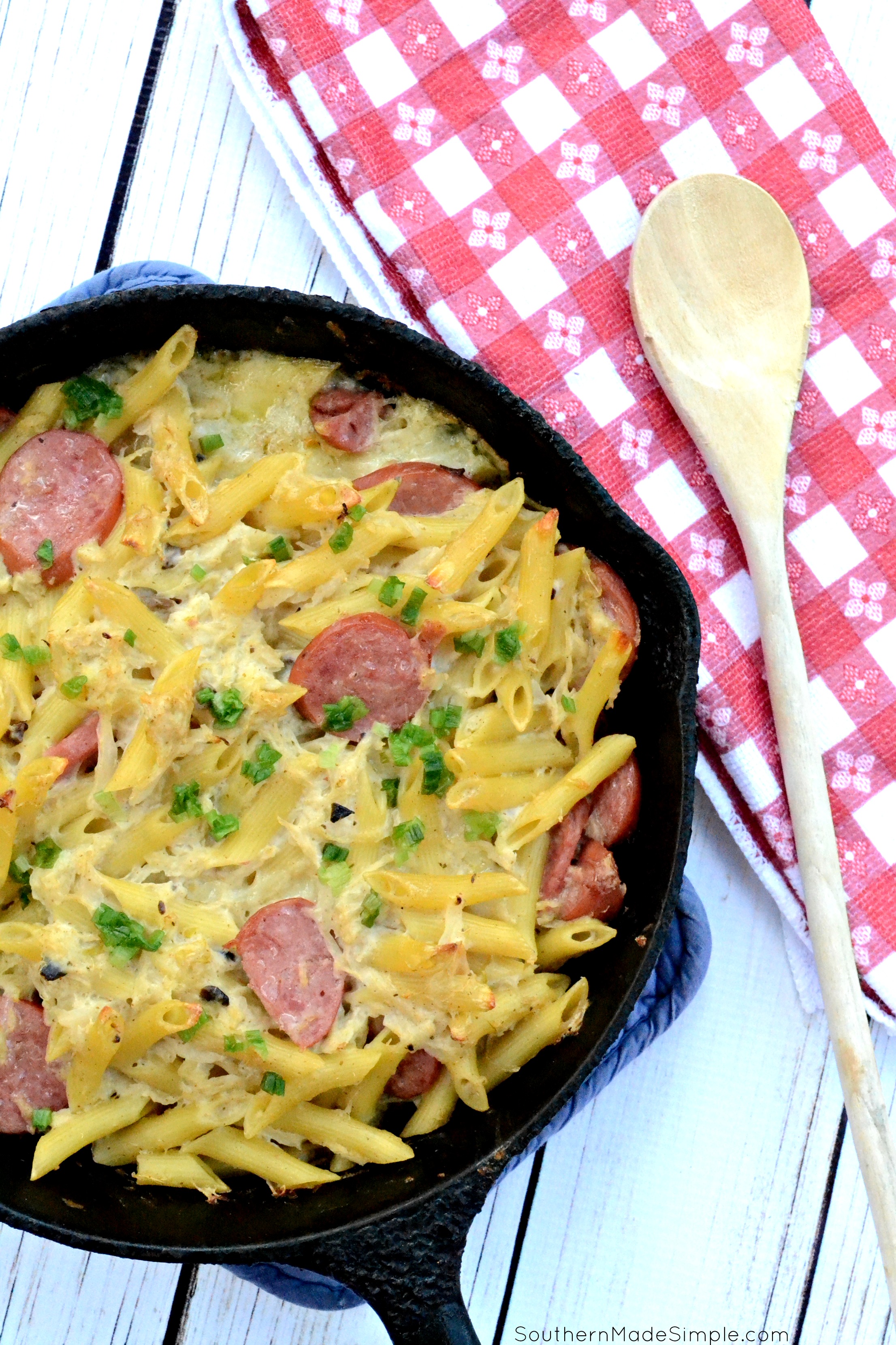 Polish Casserole Recipe - a delicious cheesy pasta dish with swiss cheese, polish sausage and sauerkraut