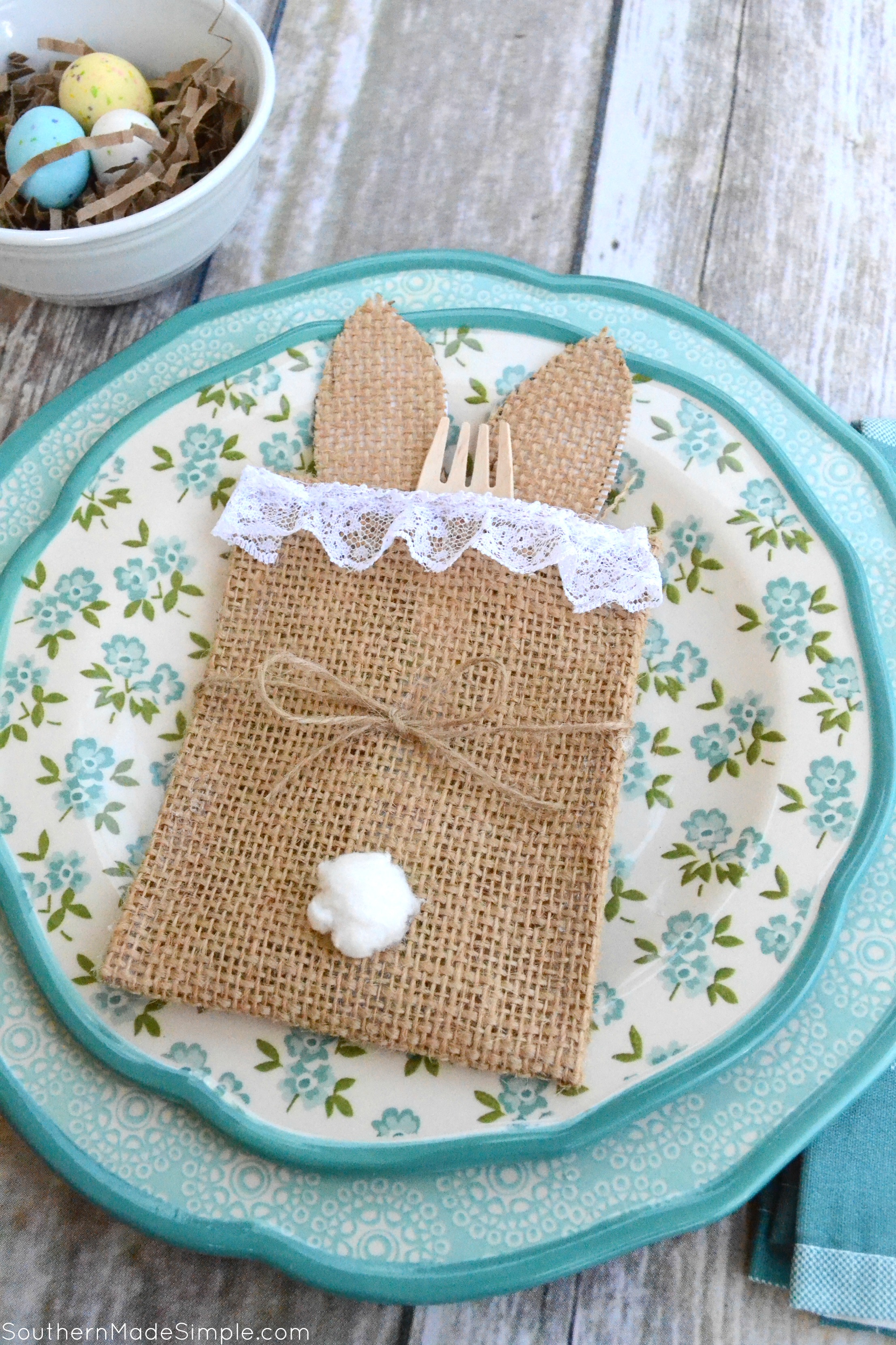 This simple DIY no sew bunny utensil holder is the perfect thing to spruce up your spring tablescape! #SweetenYourSpring #ad 