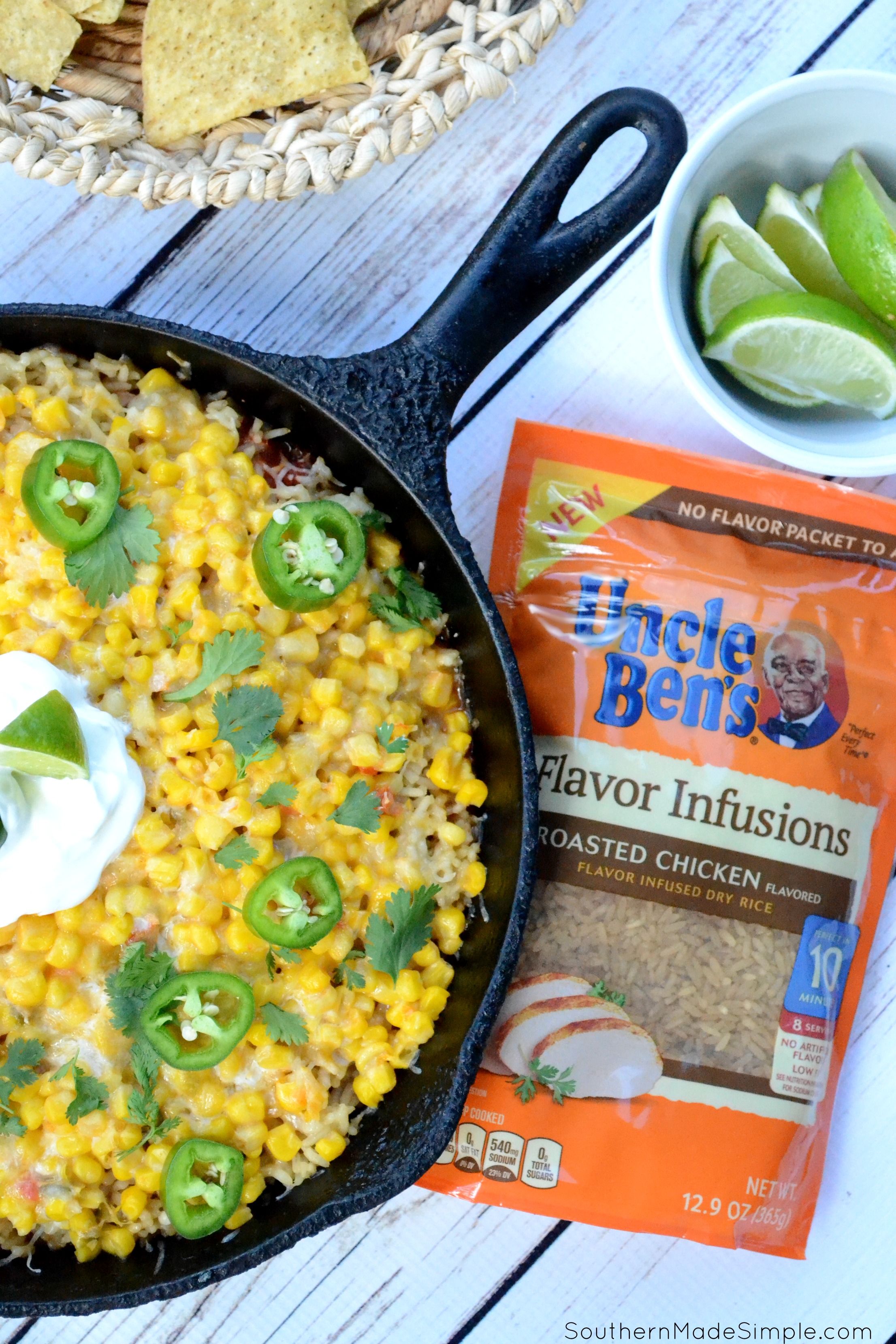 Looking for a quick and easy weeknight meal to take your "Taco Tuesday" to a whole new level? This Cheesy Chicken & Rice Burrito Dip is ready in 30 minutes, only requires one pan and will become a family favorite after the very first bite! #UncleBens #FlavorInfusions #ad