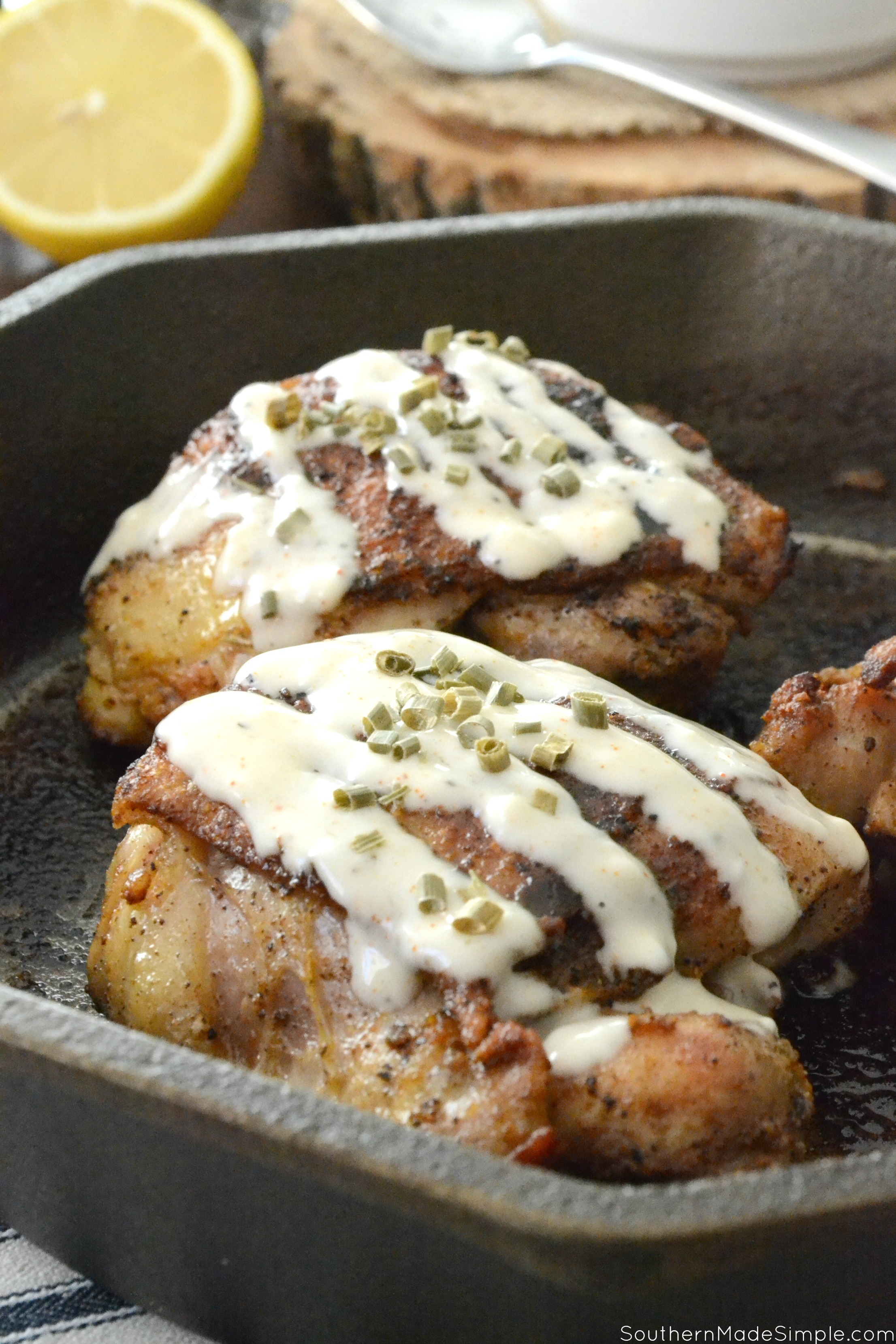 Cast Iron Skillet Cooking: Grilled Chicken Thighs with Alabama White BBQ Sauce #mysouthernkitchen #ad 