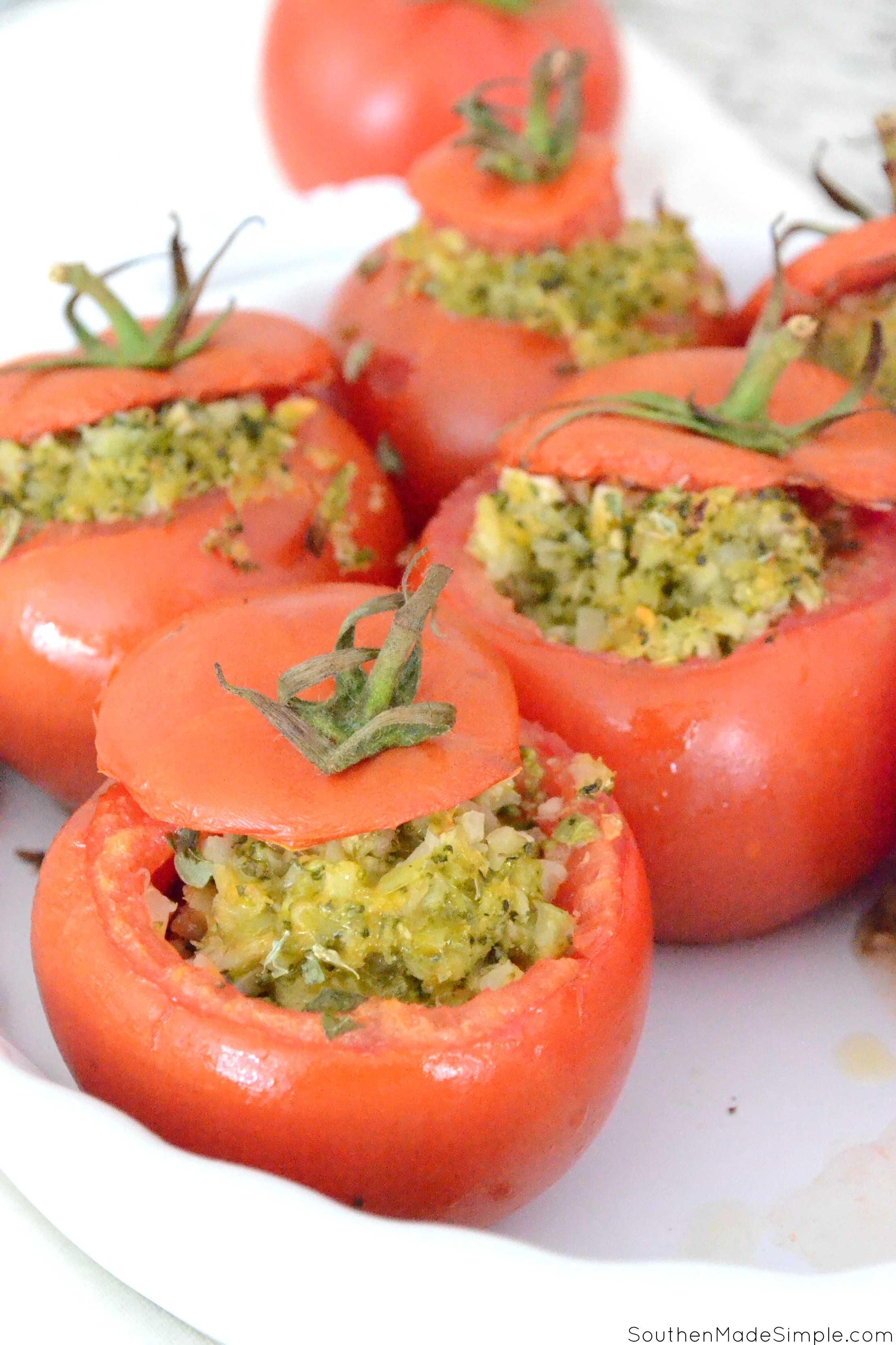 Broccoli & Cheddar Stuffed Tomatoes #VeggieSwapIns #IC #ad