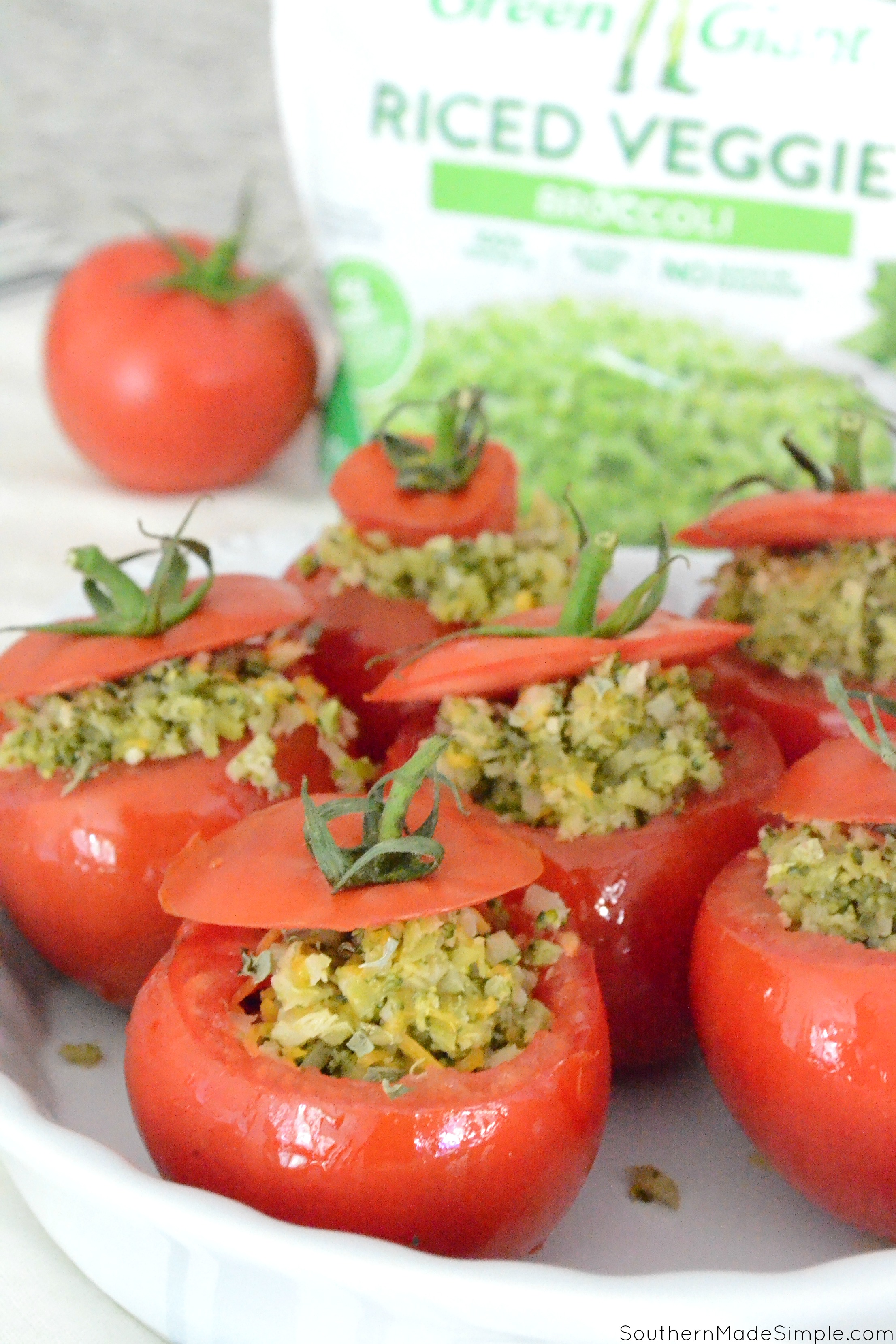 Broccoli & Cheddar Stuffed Tomatoes #VeggieSwapIns #IC #ad