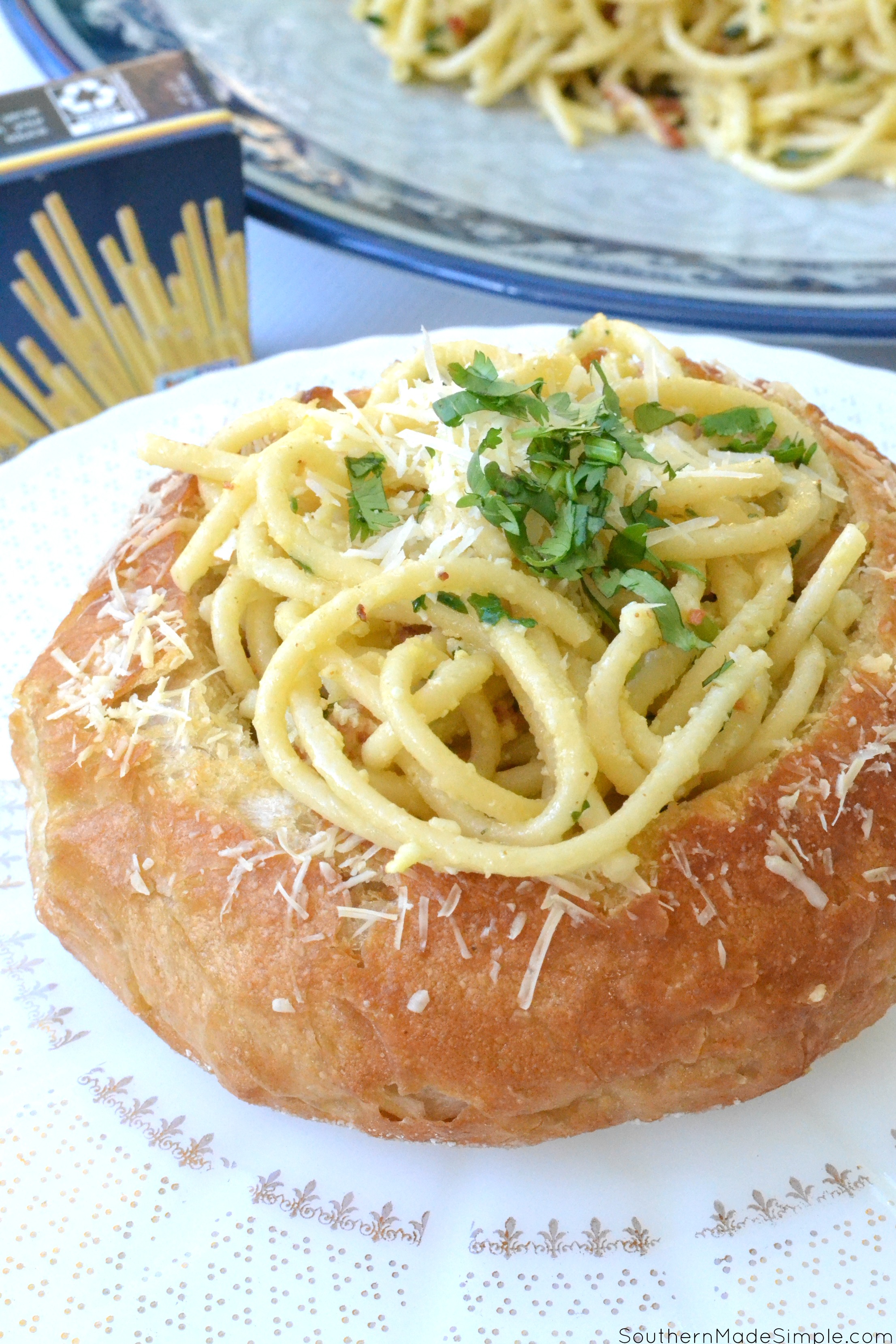 Bucatini Carbonara Stuffed Garlic Crusted Bread Bowls