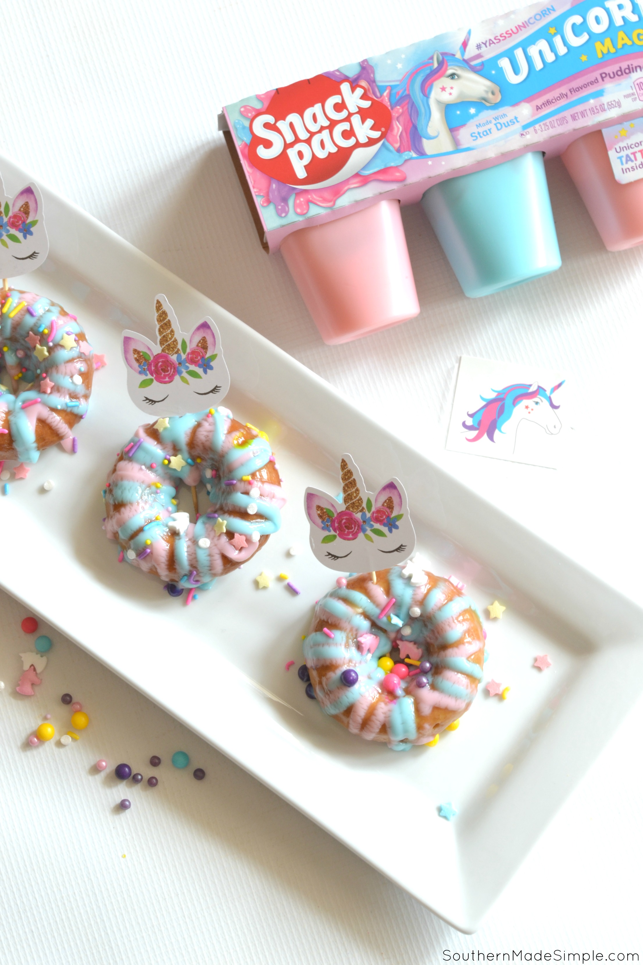 Enchanted Unicorn Doughnuts - a spectacularly sweet treat to pair with Unicorn Snack Packs to spark a little mystical and magical fun into anyone's day! #UnicornSnackPack #YasssUnicorn #UnicornMagic #ad