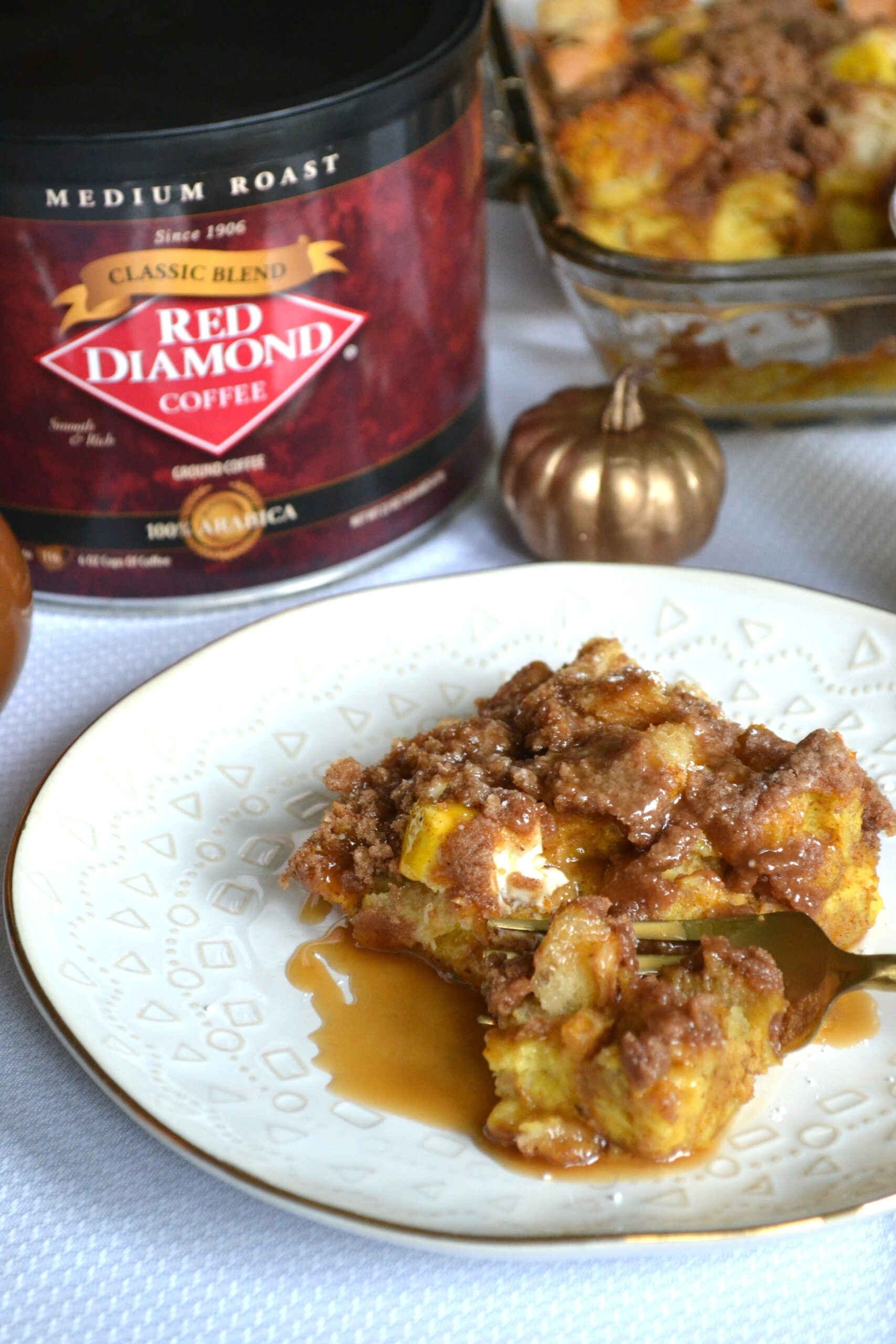 Pumpkin Cream Cheese French Toast Bake with Salted Caramel Coffee Sauce